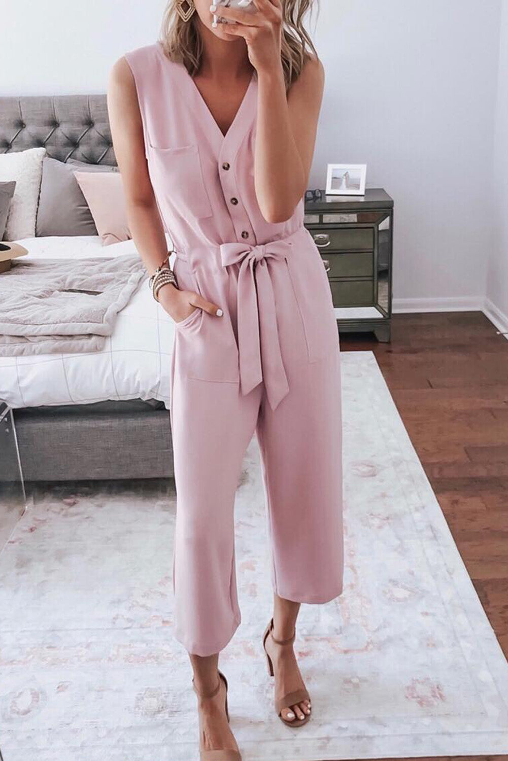 Pink Buttoned Sleeveless Cropped Jumpsuit With Sash