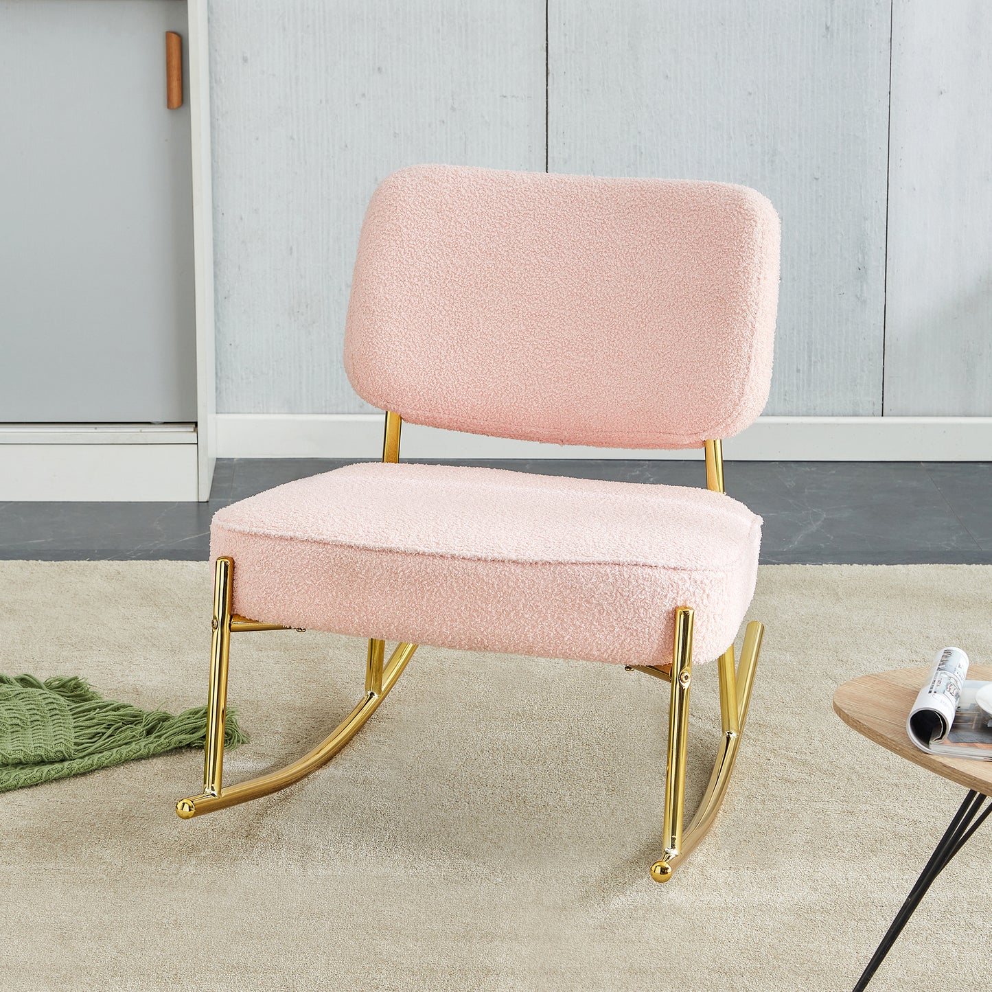 Pink Teddy Velvet Cushioned Rocking Chair W/ Golden Metal Legs