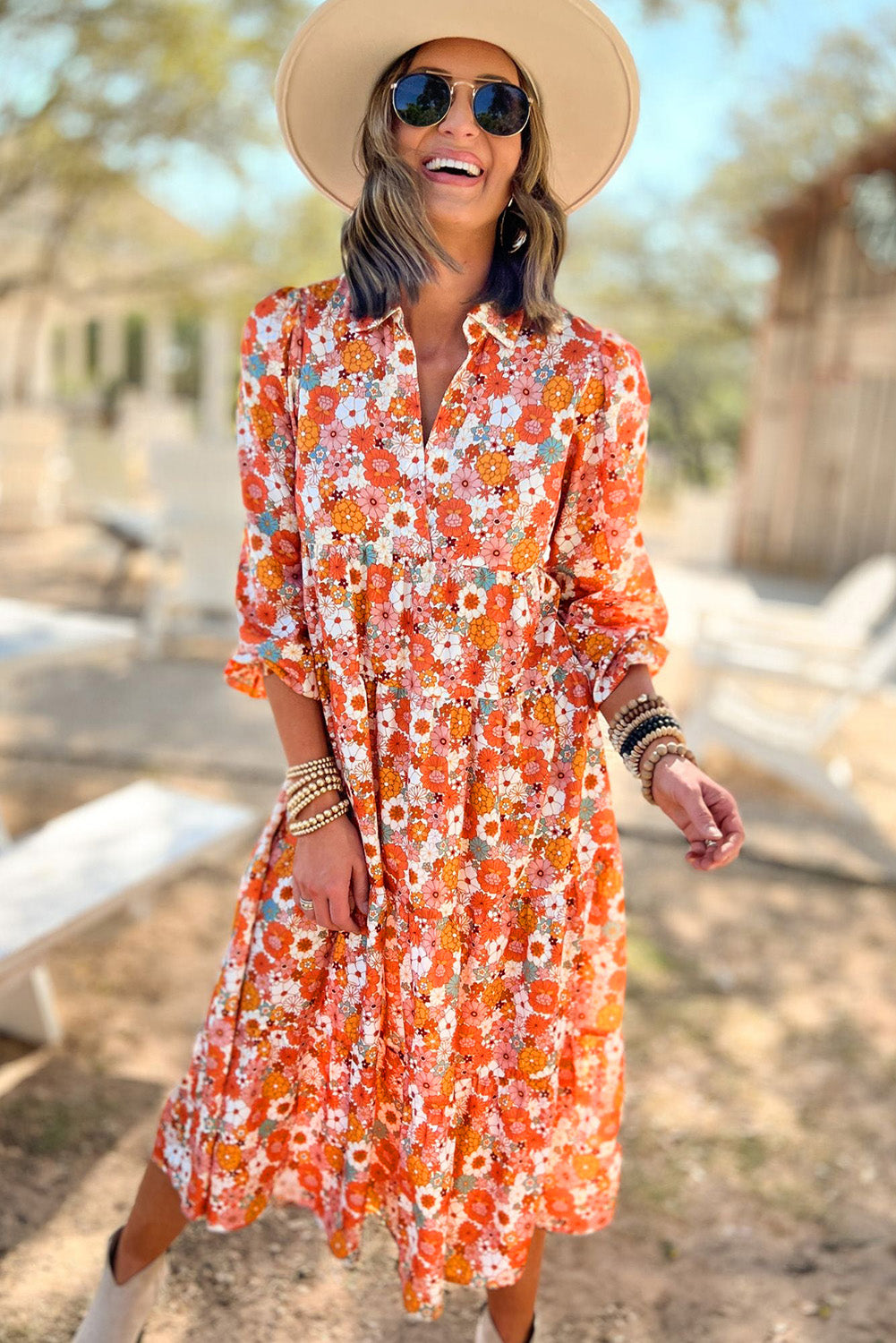 Vestido de manga larga con cuello floral bohemio multicolor