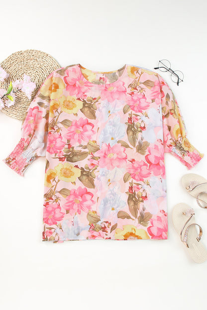 Pink Shirred Cuffs 3/4 Sleeve Loose Fit Floral Blouse