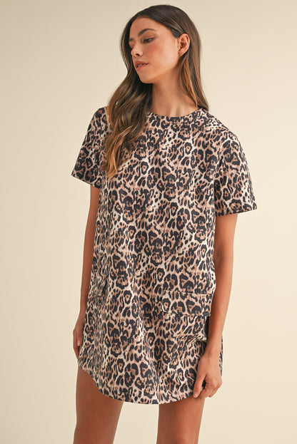 Brown Leopard Print Crew Neck Shift Short T Shirt Dress