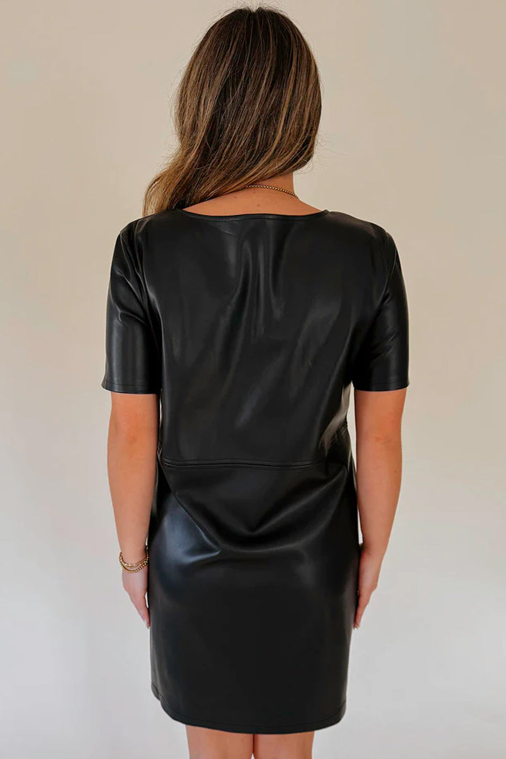 Black Solid Color Faux Leather Short Sleeve Mini Dress