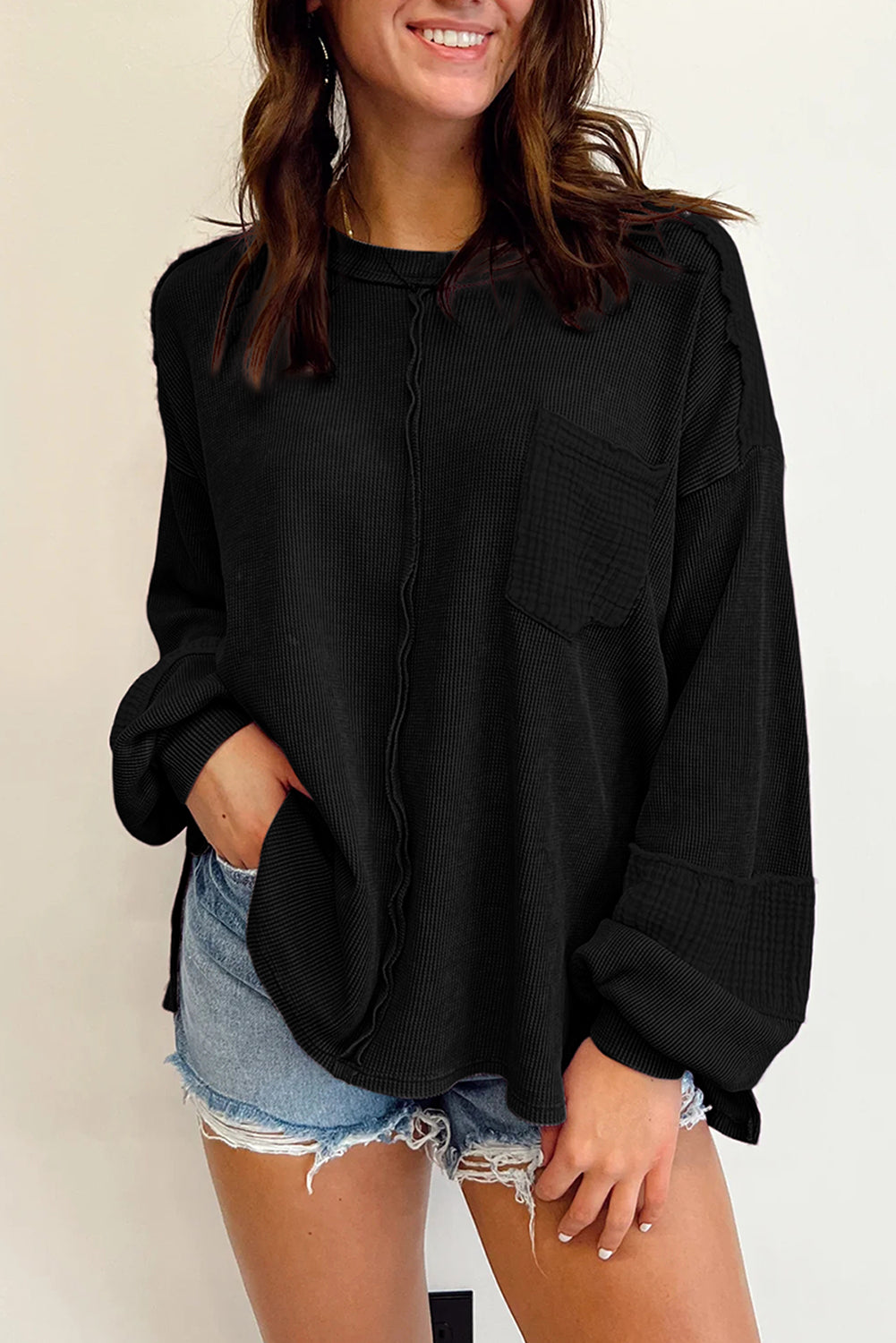 Crinkle Patchwork Long Sleeve Top