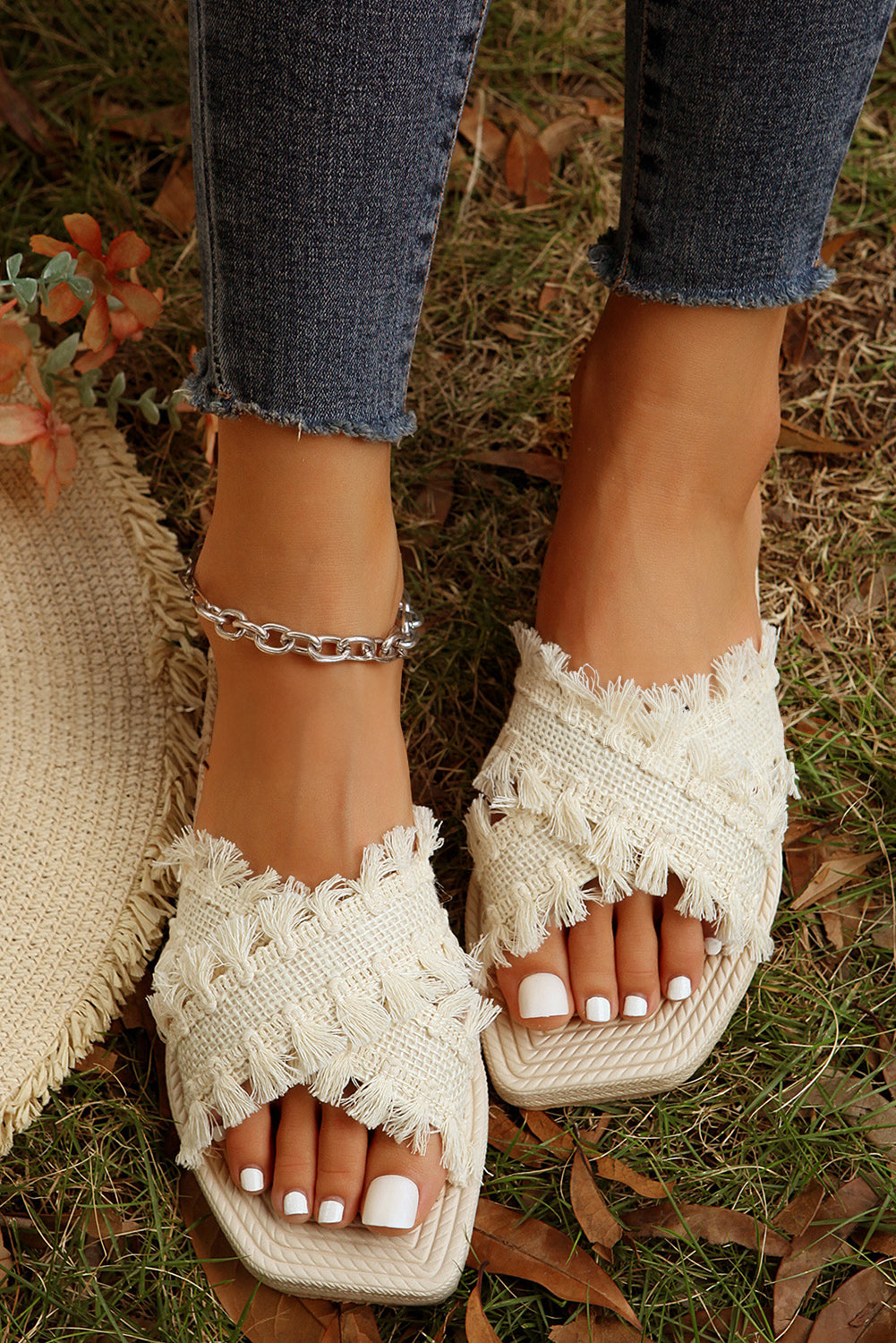 Beige Tassel Woven Crossed Straps Flat Sandels