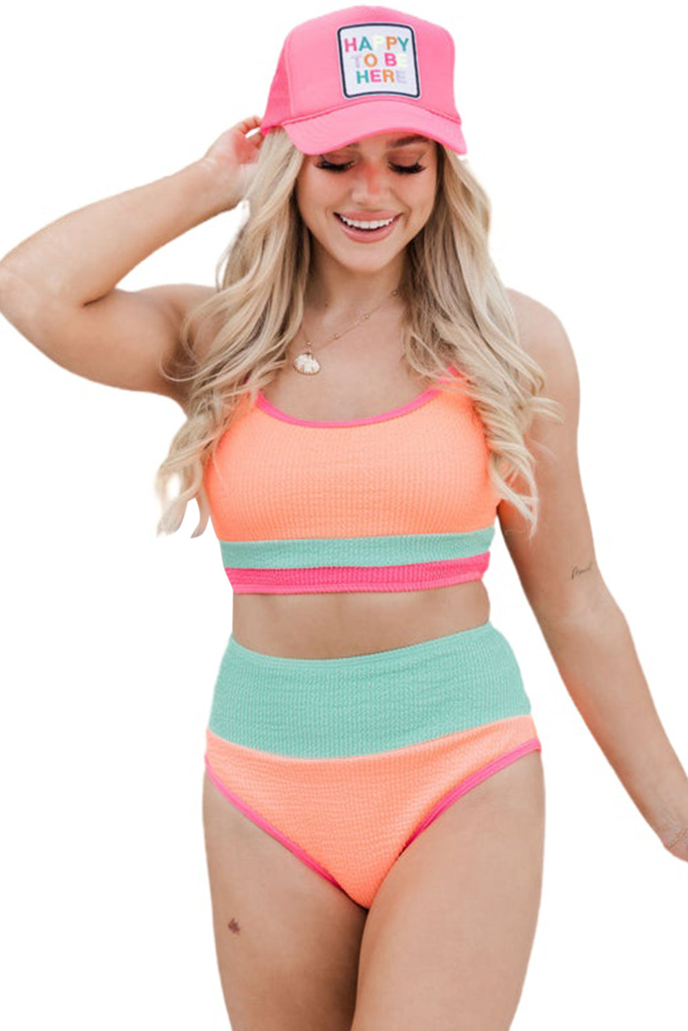 Bonbon Conjunto de bikini sexy de cintura alta con textura y bloques de color