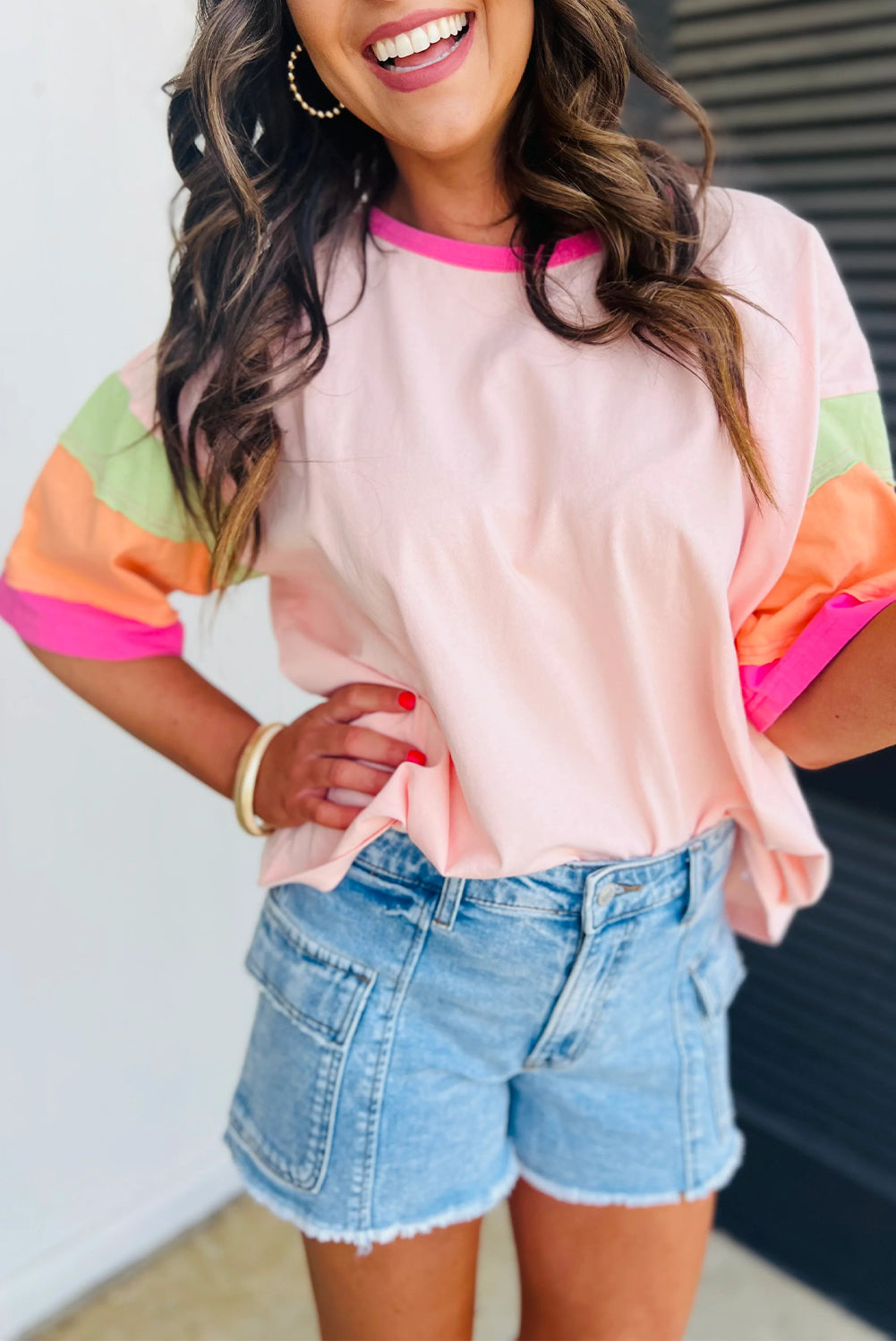 Green Color Block Sleeve Round Neck Oversize Top - Cowaa
