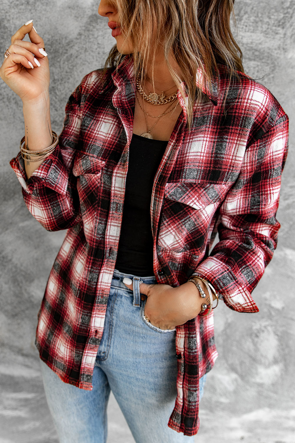 Button Up Collared Flannel Shirt Shacket with Flap Pockets