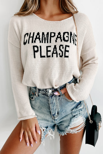 Weißer Champagner-Strickpullover mit Bitte-Buchstabenmuster