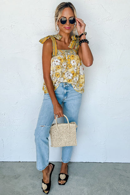 Top con tirantes y nudo bohemio con patchwork floral amarillo