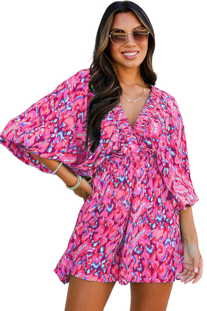 Pink Abstract Print Dolman Sleeve V Neck High Waist Romper