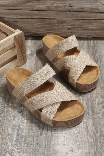 Beige Woven Criss Cross Strap Platform Slip-on Sandals