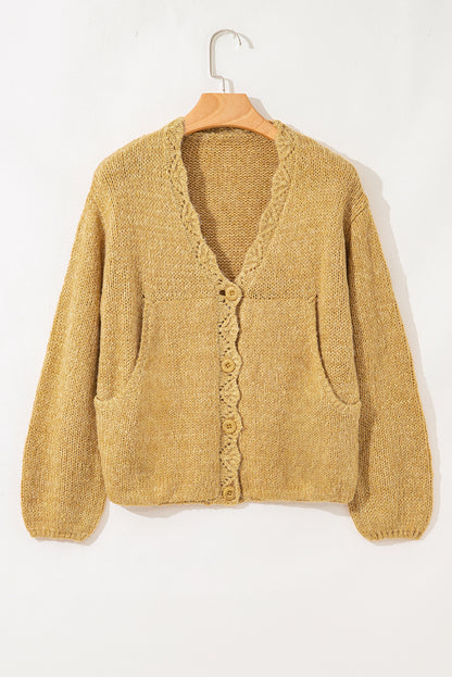 Light French Beige Lantern Sleeve Scallop V Neck Buttoned Front Cardigan