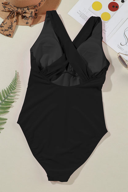 Monokini de corte alto fruncido sin espalda cruzado con cuello en V profundo negro