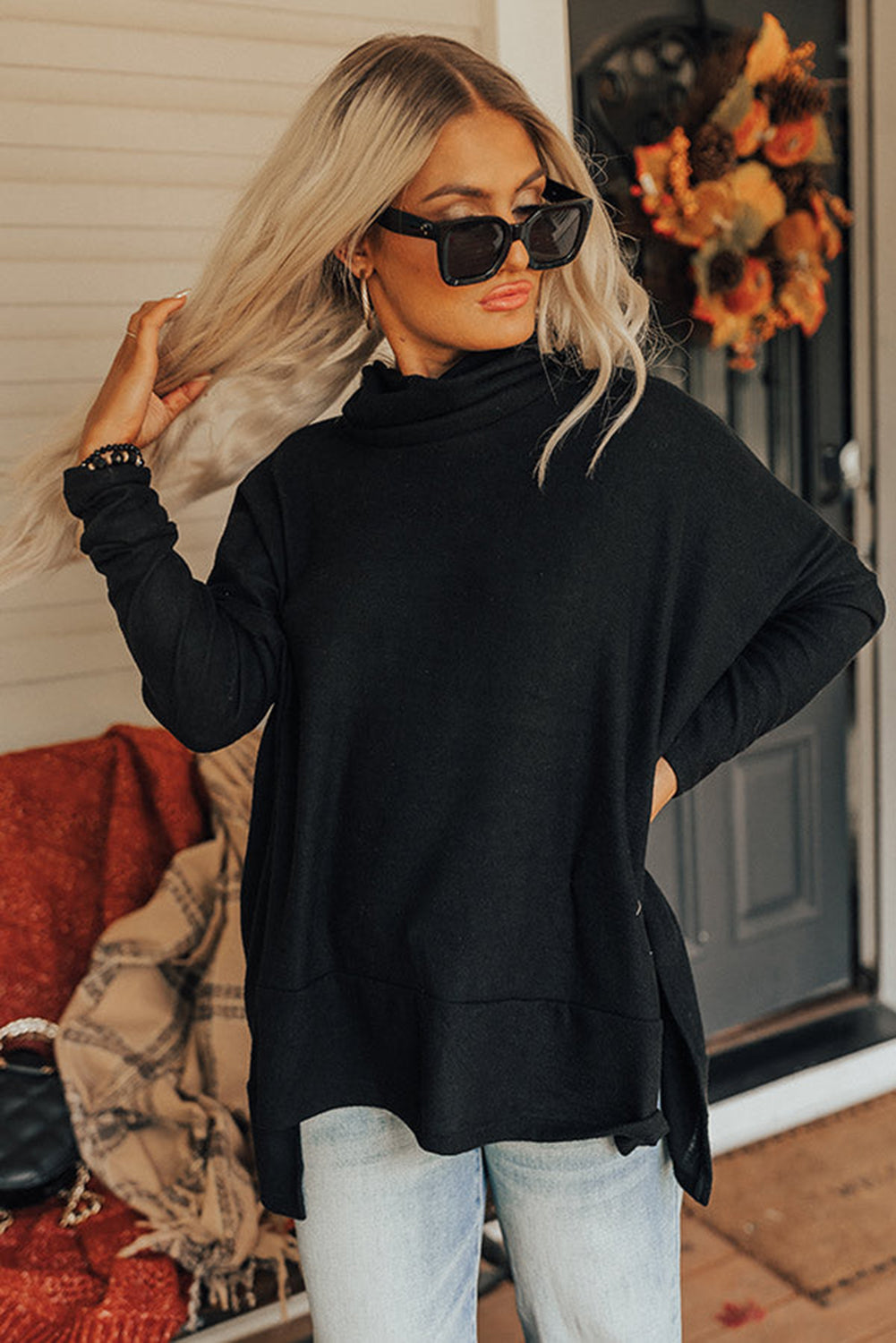 Cowl Neck Loose Fit Tunic Long Sleeve Top