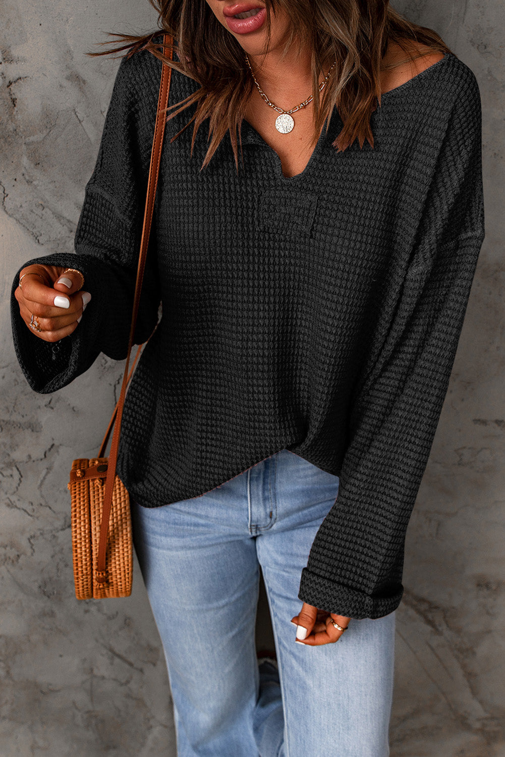 Waffle Drop Shoulder Long Sleeve Top