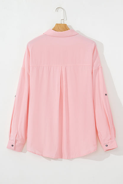 Pink Flap Pocket Tab Sleeve Button-Down Plus Size Shirt