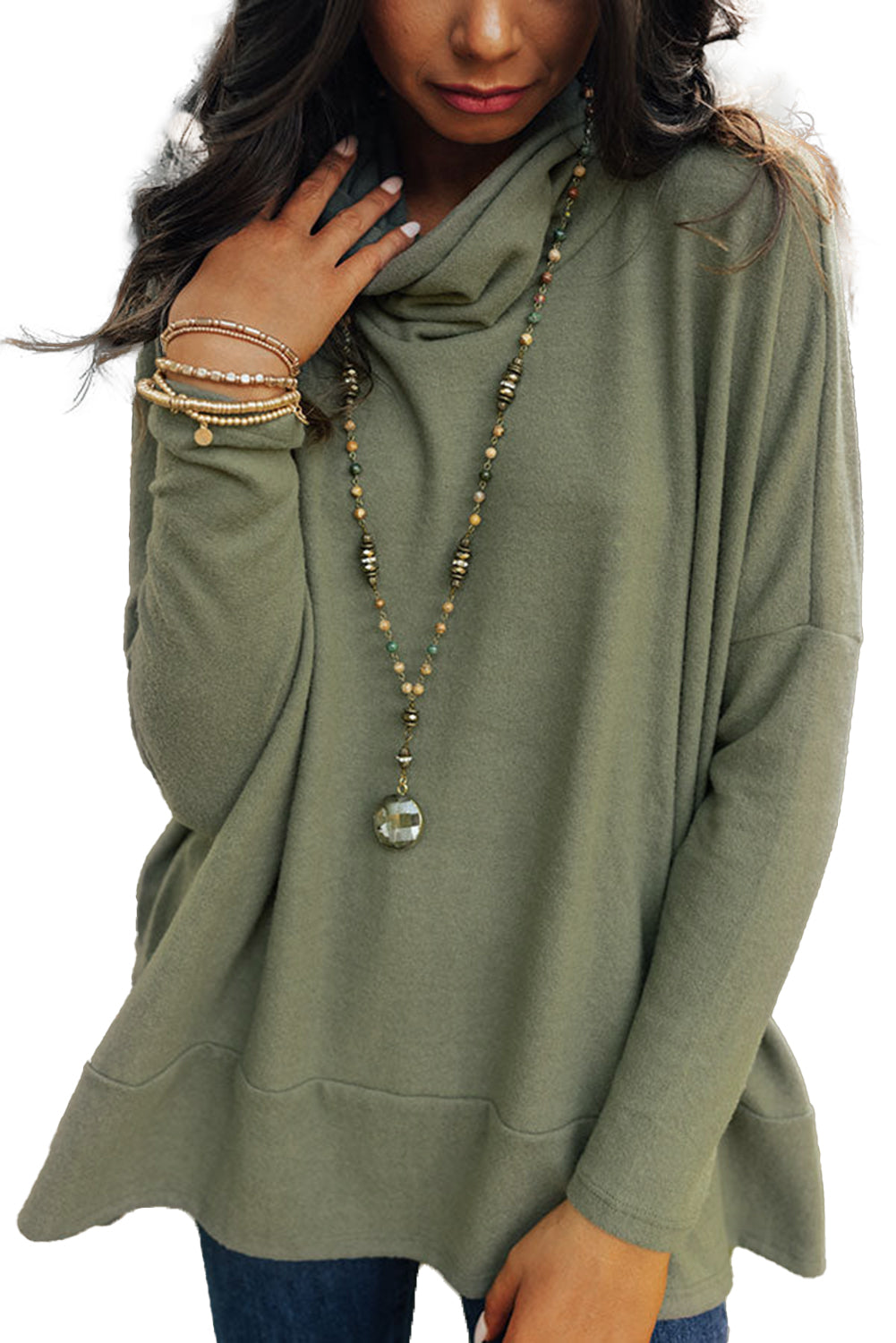 Cowl Neck Loose Fit Tunic Long Sleeve Top