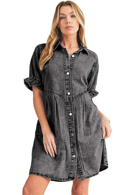 Blue Mineral Washed Ruffled Short Sleeve Pocketed Denim Dress