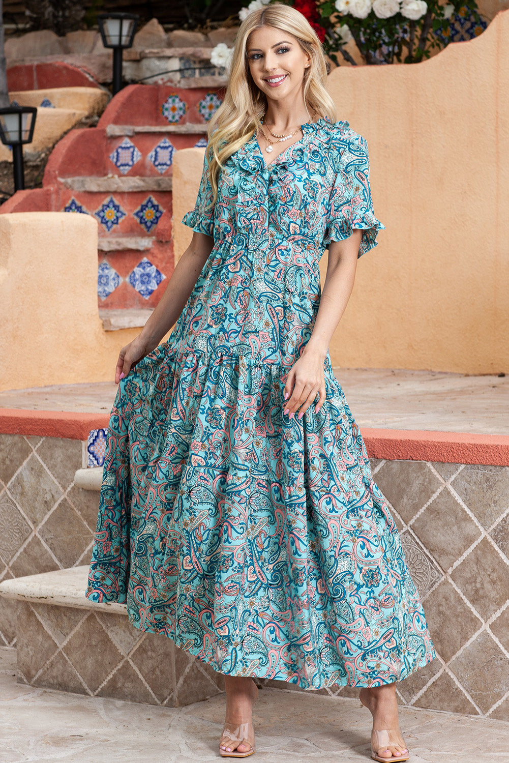 Sky Blue Paisley Print Split V Neck Tiered Boho Maxi Dress