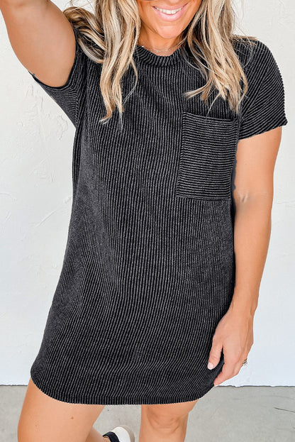 Grey Ribbed Short Sleeve Chest Pocket Casual T Shirt Dress