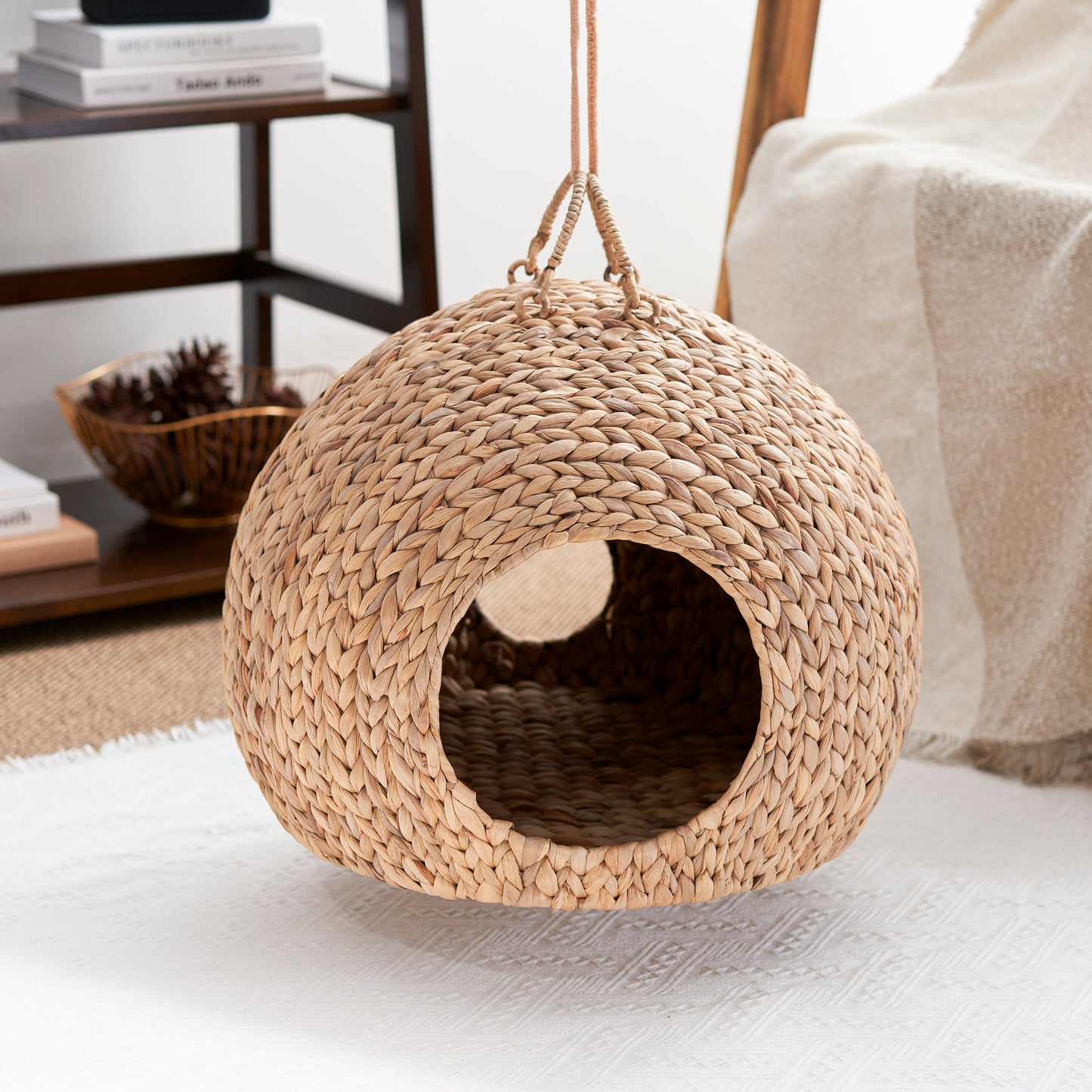 Woven Round Cat Bed Cave w/ Handles