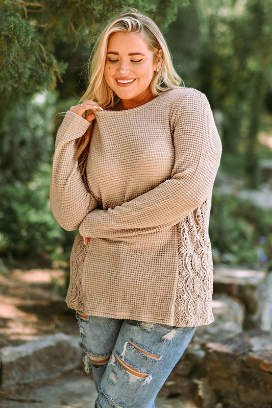 Khaki Casual Lace Contrast Waffle Knit Plus Size Top