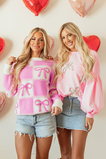 Light Pink Embroidered Bow Lantern Sleeve Oversized Pullover Sweatshirt