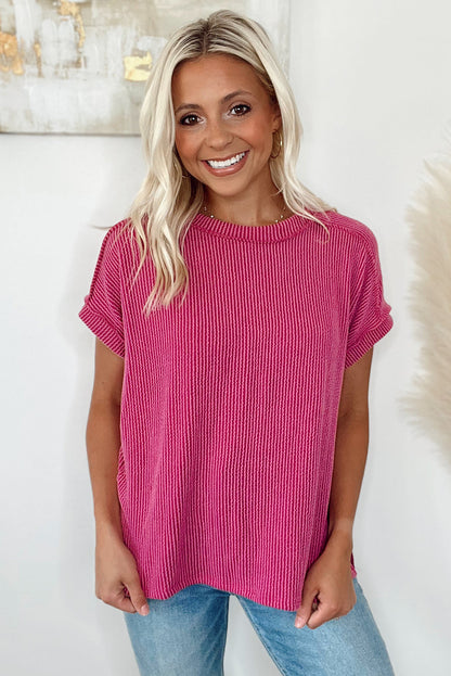 Rose Red Textured Knit Round Neck T-shirt