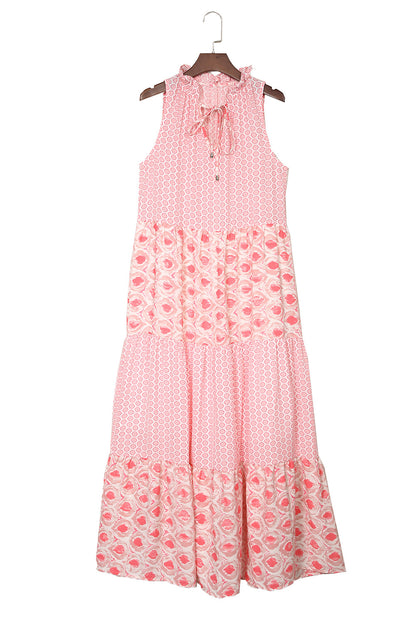 Pink Abstract Sleeveless V Neck Summer Tiered Dress