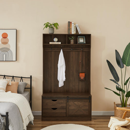 Dark Brown Coat Rack w/ Shoe Cabinet Storage
