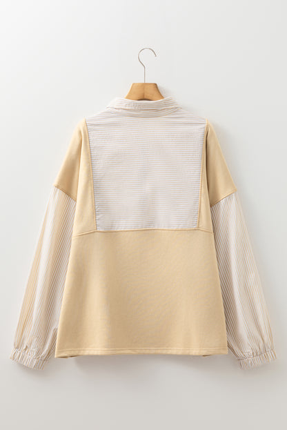 Khaki Stripe Mix Half Zip French Terry Plus Size Sweatshirt