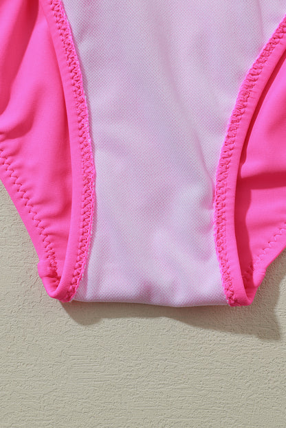 Monokini de corte alto fruncido sin espalda cruzado con cuello en V profundo rosa rojo