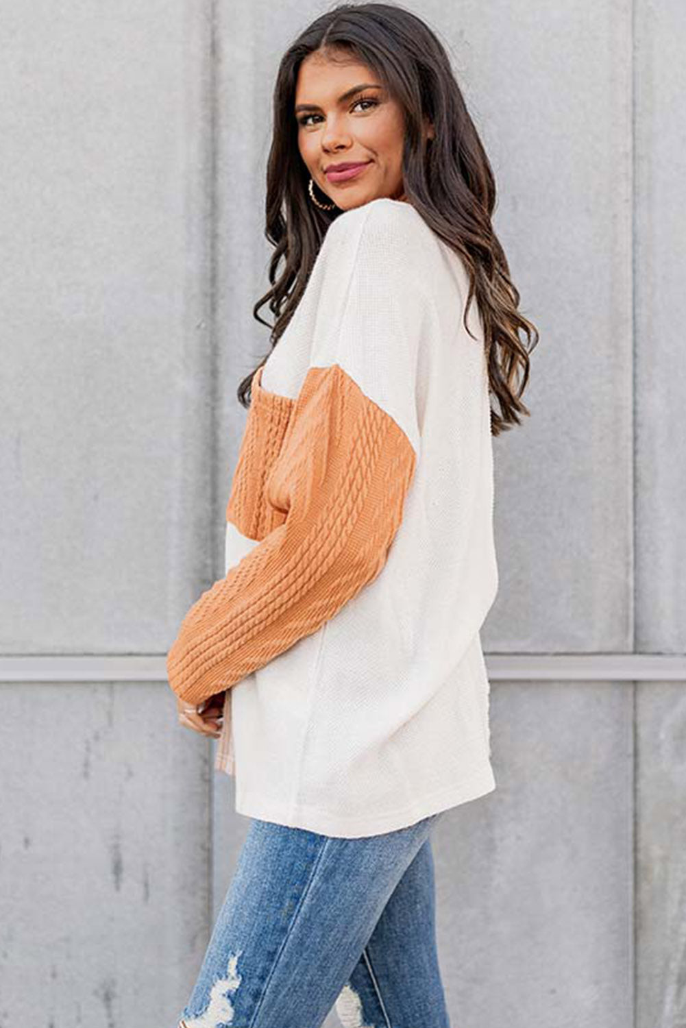 Long Sleeve Colorblock Chest Pocket Textured Knit Top