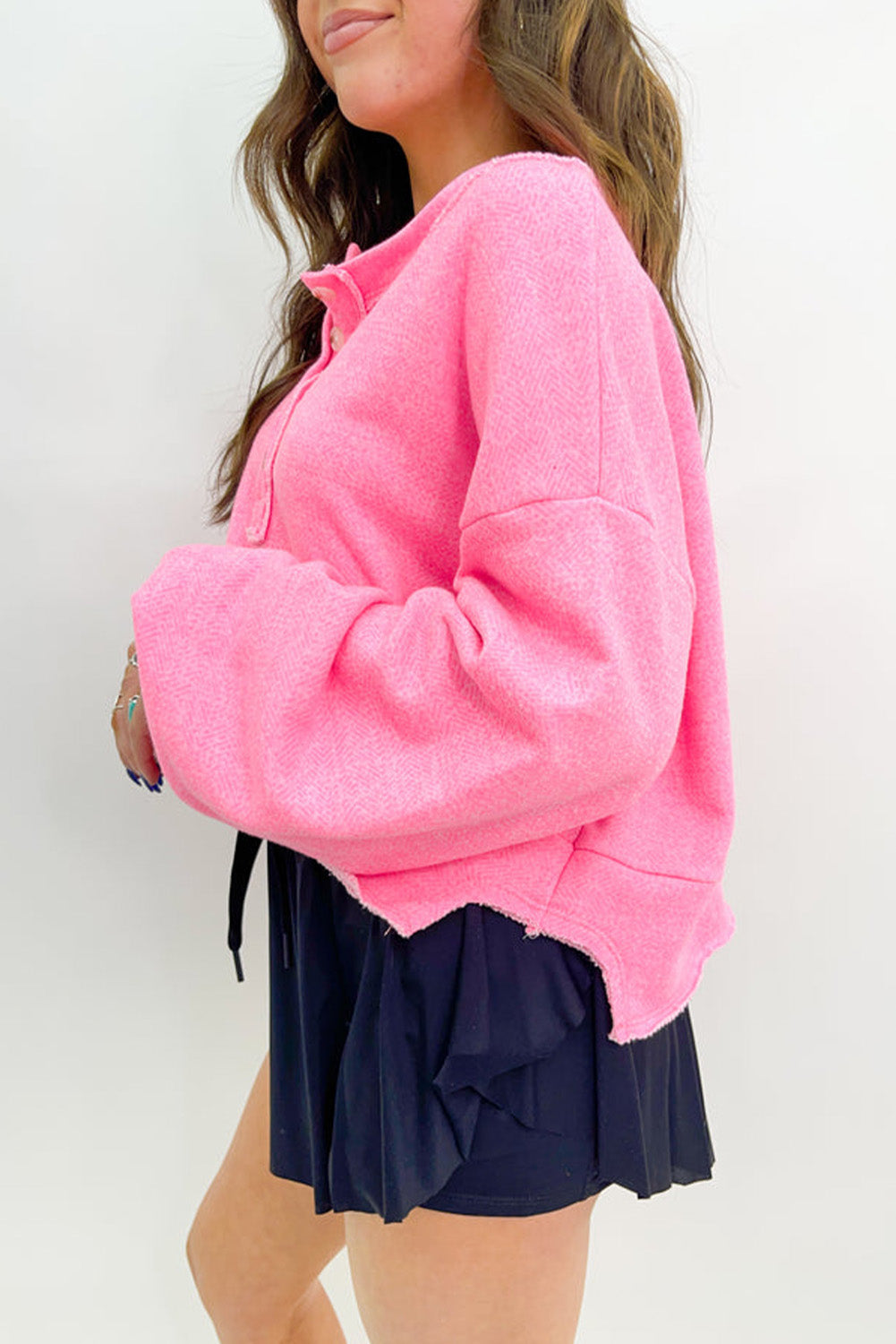 Sachet Pink Plain Drop Sleeve Henley Sweatshirt