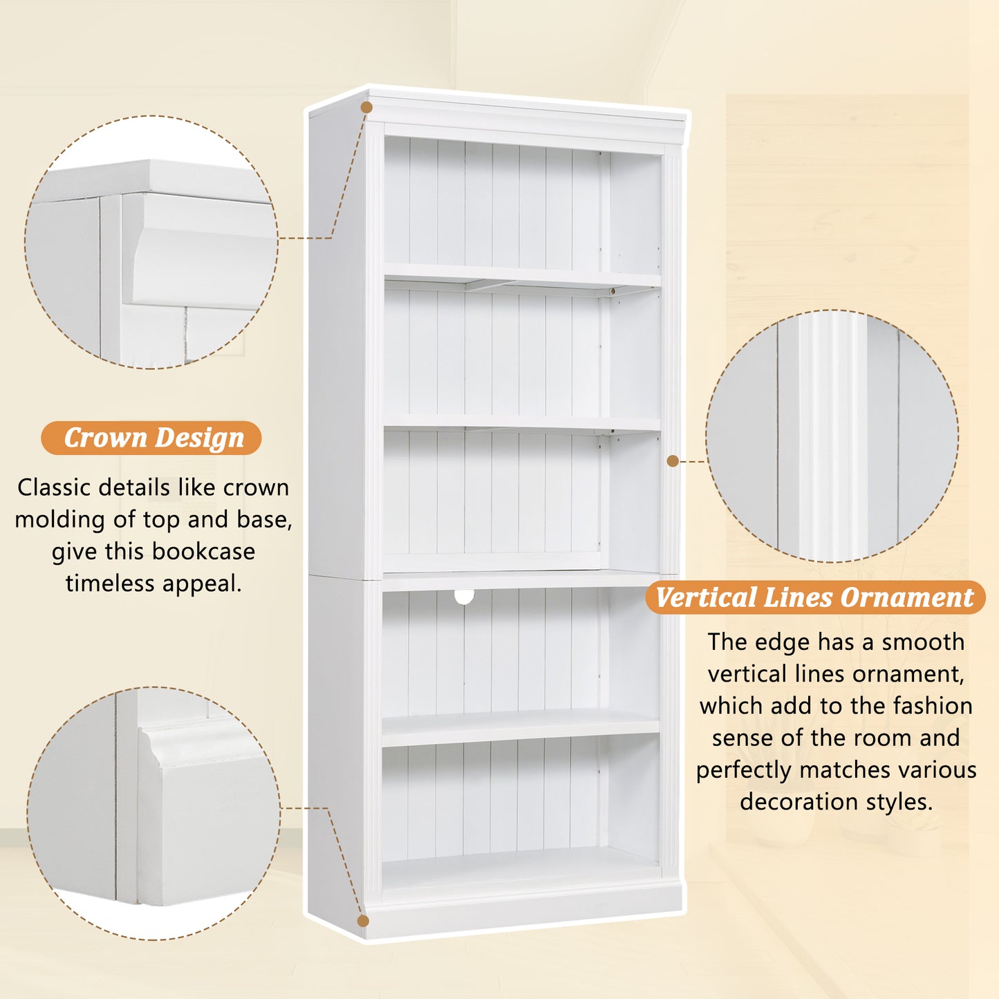 White Wood Bookcase w/ Adjustable Shelves