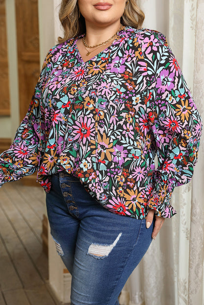 Blusa con cuello en V y puños fruncidos florales de talla grande multicolor