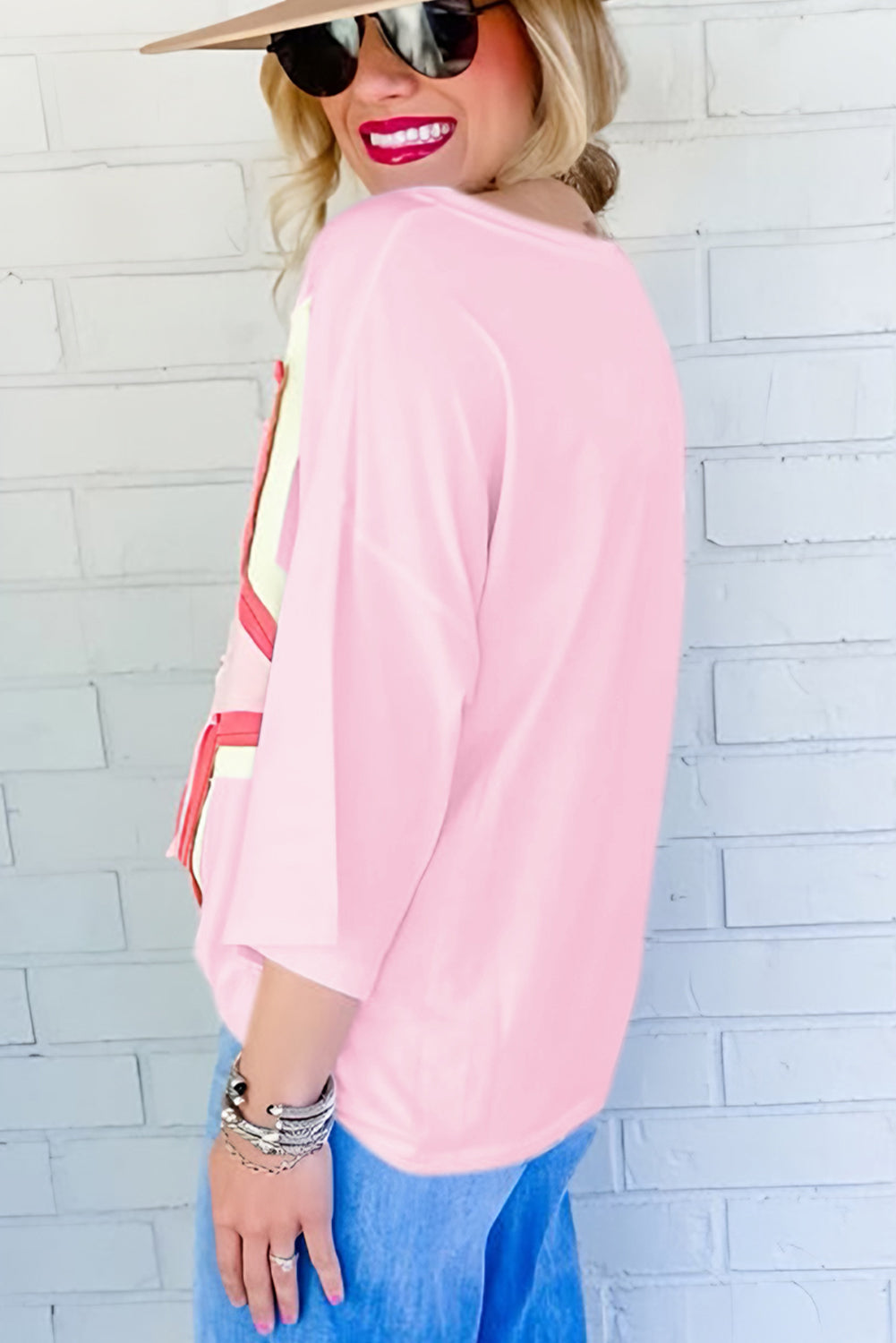 White Colorblock Star Patched Half Sleeve Oversized Tee