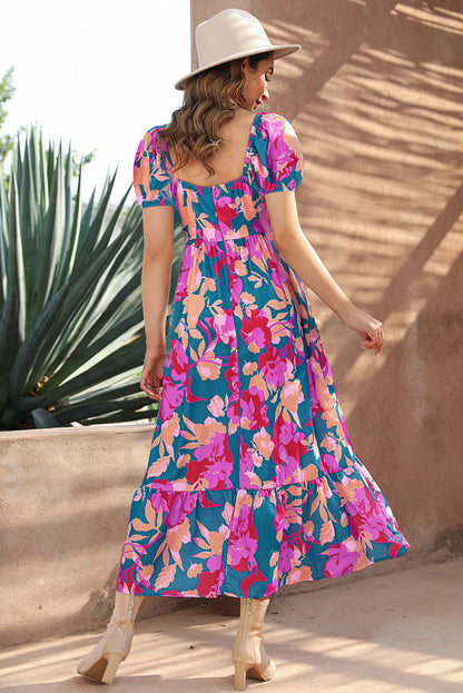 Vestido floral con dobladillo con volantes y mangas abullonadas con cuello cuadrado azul oscuro