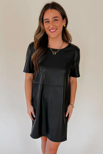 Black Solid Color Faux Leather Short Sleeve Mini Dress