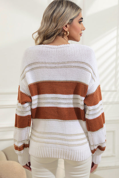 Casual Stripe Knit Puff Sleeve Sweater