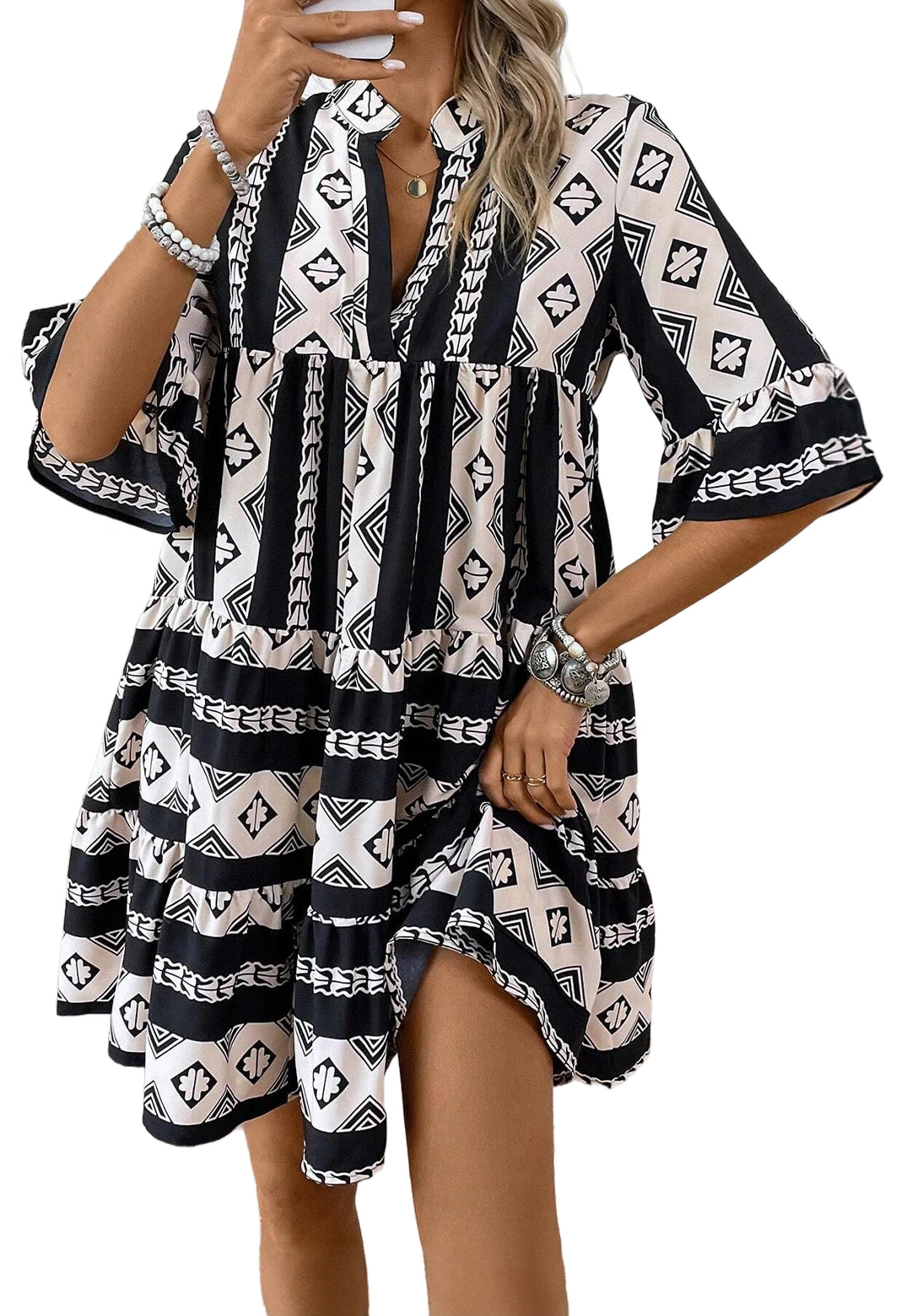 Black Abstract V Neck Boho Dress