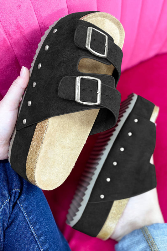 Black Suede Buckle Decor Corky Platform Sandels