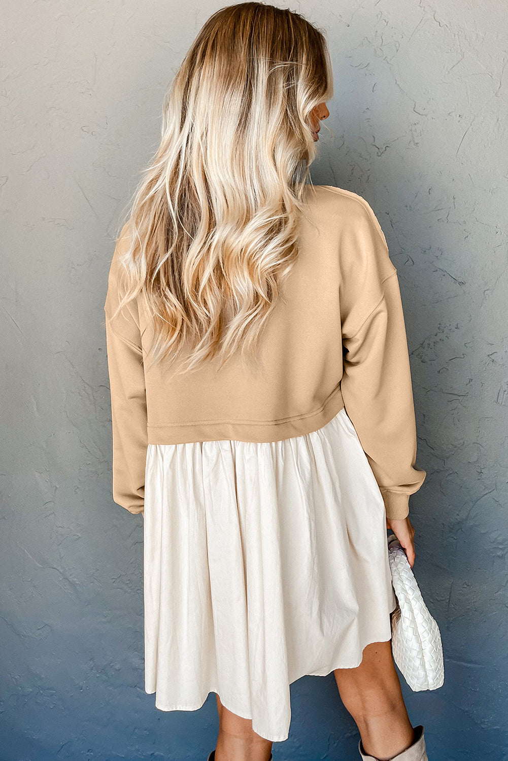 Khaki Sweatshirt 2-in-1 Flowy Pleated Mini Dress