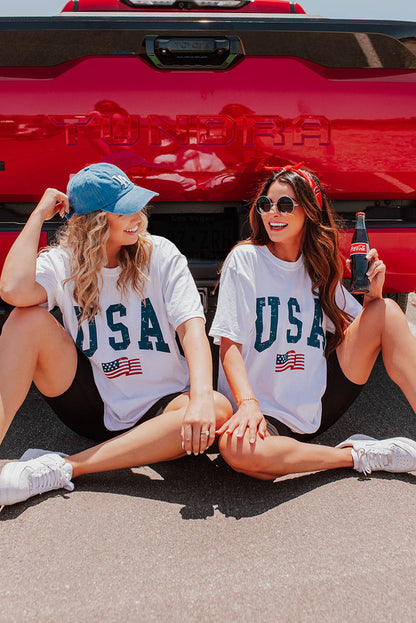 White USA Flag Patriotic Graphic Crew Neck Tee