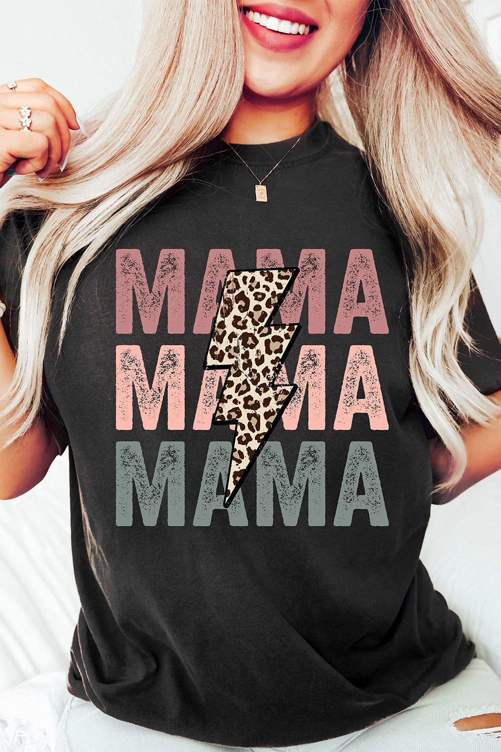 Black Leopard Lightning MAMA Letter Print Graphic Tee