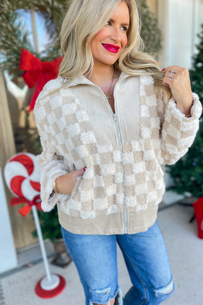 Khaki Checker Sherpa Corduroy Patchwork Zip up Collared Jacket