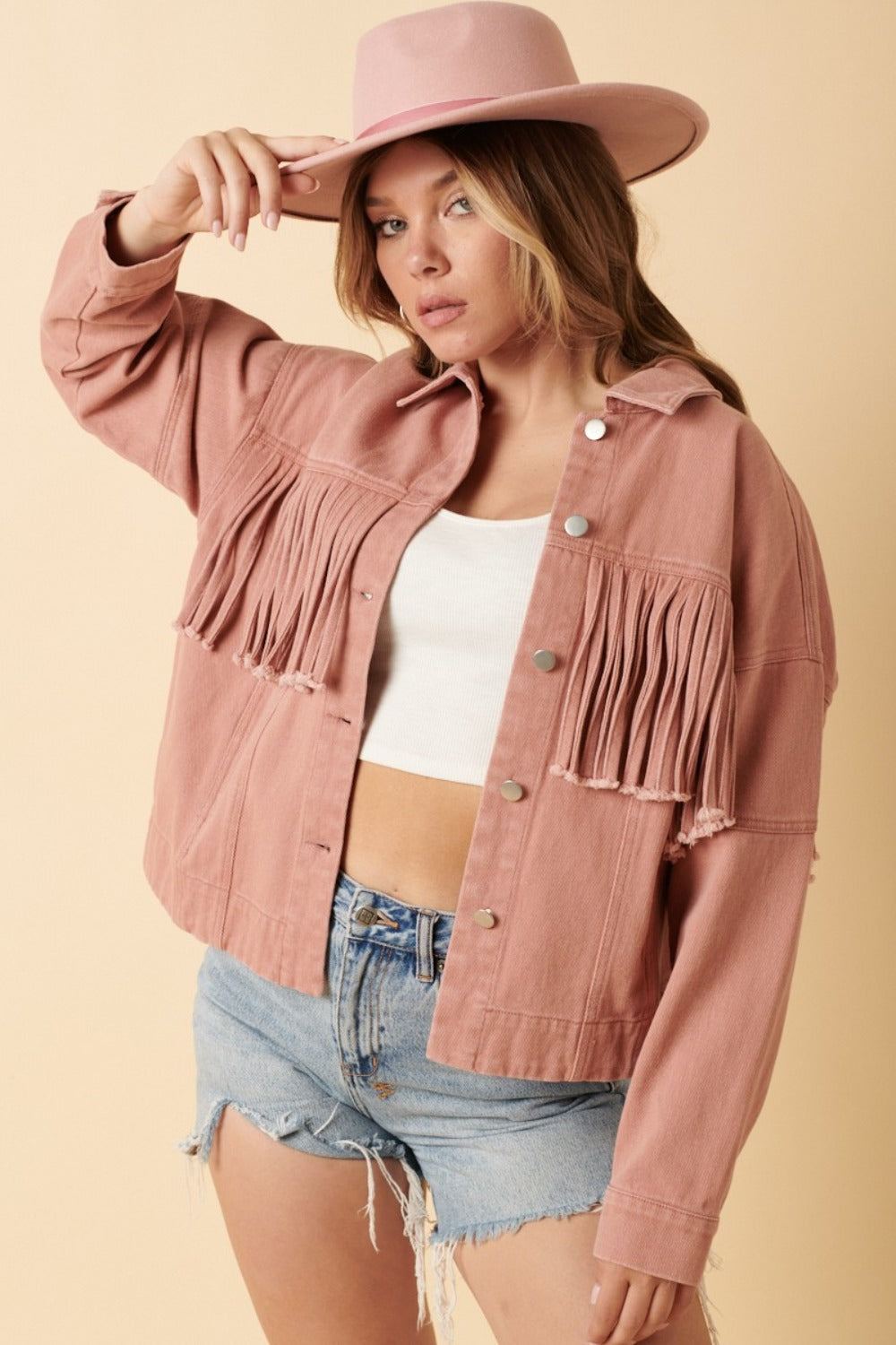 Dusty Blush Fringe Detail Cotton Twill Jacket