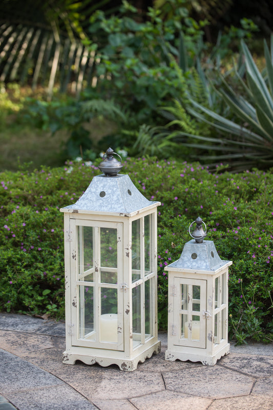 Set of 2 Vintage Ivory Wooden Decorative Candle Lanterns