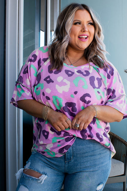 Purple Leopard Print Plus Size Short Sleeve Tee