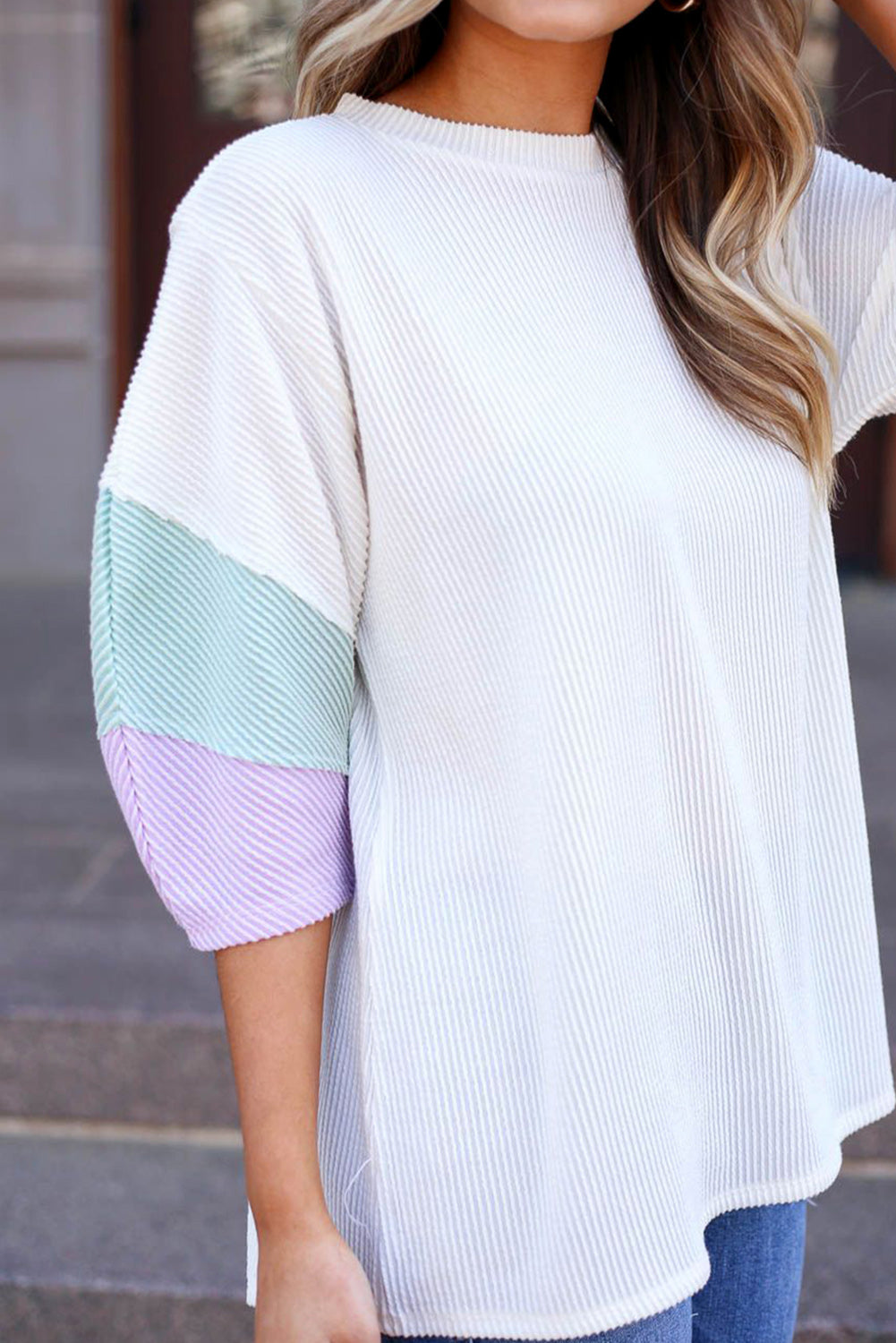 White Pit-striped Colorblock Drop Sleeve Top